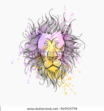 Hand Drawn portrait of  lion with watercolor blots.