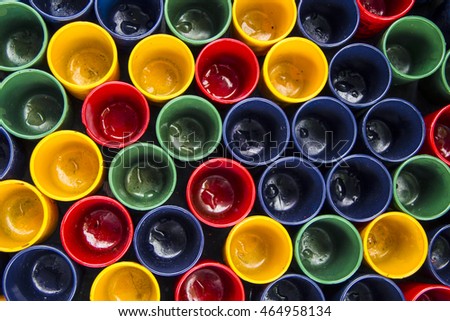 Background Shot Glass placed Multi Colorful Art Yellow, red, green, blue of ceramic blow for the game vintage in local Thailand.