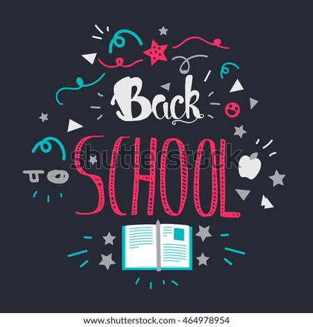 Vintage Back To School Lettering Banner. Knowledge day greeting card with book and pencil for print, t-shirt, badge, cloth, poster. Vector
