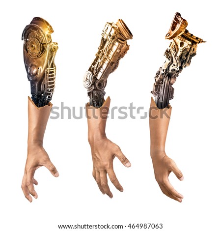 Metallic robot hand internal human hand isolated on white background in concept of the future technology