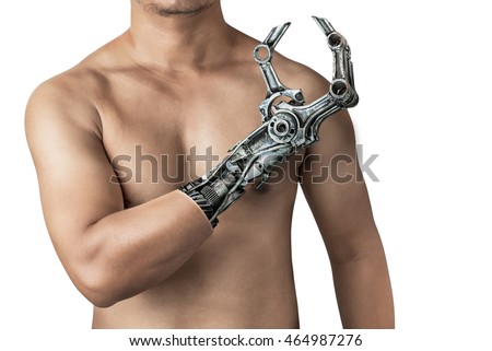 Metallic robot hand internal human body isolated on white background in concept of the future technology