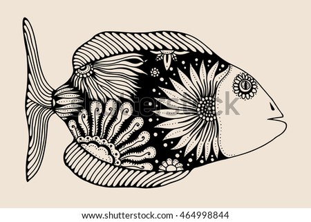 ornamental graphic fish. Vector vintage engraving. Zentangle. Hand drawn artwork. Bohemia concept for restaurant menu card, branding, logo label. Black and beige