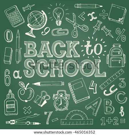Vector 'Back To School'  background with doodle Icons, isolated on chalkboard.