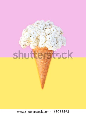 Ice cream cone with flowers over pink yellow background top view