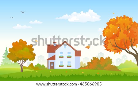 Vector illustration of an autumn suburban house and garden with bright foliage trees