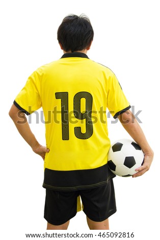 Rear View Vertical Shot Of A Asian Football Player Holding A Ball Isolated On White Background.