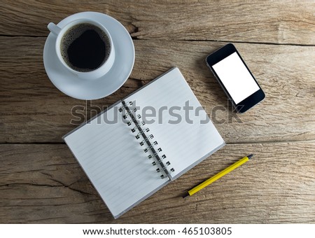 Still life photography, Black coffee on wooden table. top view
