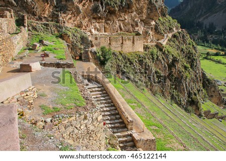 Inca Fortress with Terraces and Temple Hill in Ollantaytambo, Peru. Ollantaytambo was the royal estate of Emperor Pachacuti who conquered the region.