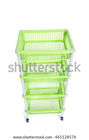 Green bin rack shelf with wheels isolated on white
