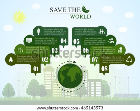 The concept of saving the world. Infographics green. Signs with the text on the background of the city. Vector illustration.