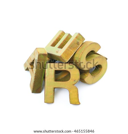 Pile of painted block wooden letters isolated over the white background
