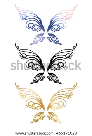 Graphic ornate batterfly wings in black, golden and blue colors. Vector fantasy design elements isolated on white background. Tattoo or t-shirt art