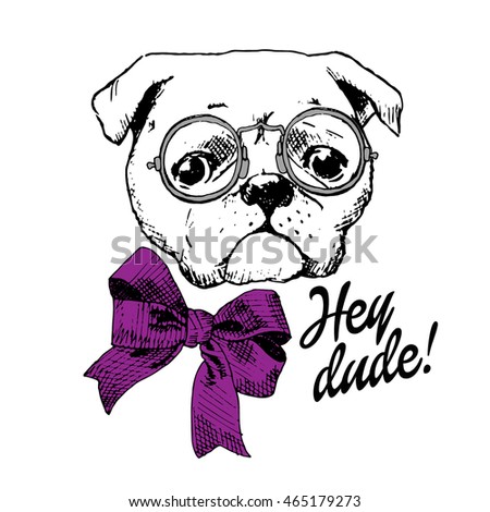 Vector white dog with a violet bow.