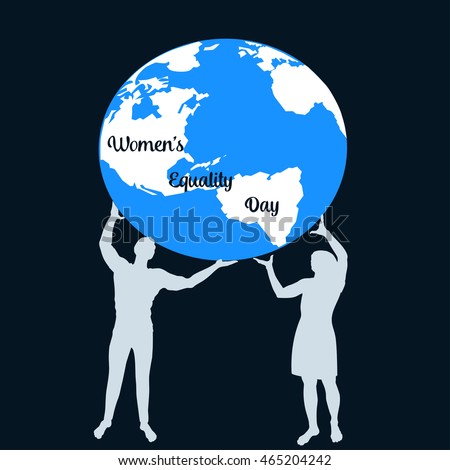 Women's Equality Day card, poster with silhouettes of young man and woman holding the globe together having equal rights