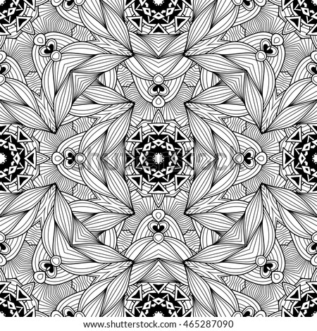 Abstract vector decorative ethnic mandala black and white seamless pattern.