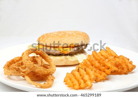 Hamburger Cheeseburger burger waffle potato fries tomato onion ring tomato lettuce