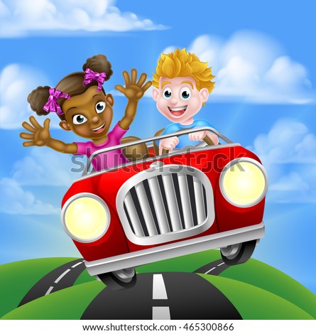 A cartoon boy and girl having fun driving fast in a sports car on a road trip
