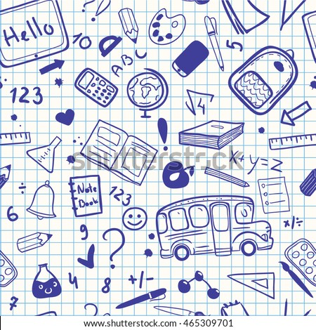 Vector seamless pattern.Back to school cartoon background with school supplies. Doodle illustration.Perfect for printing.