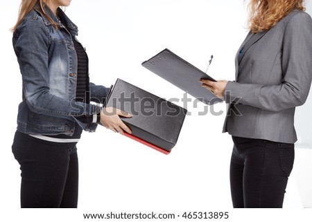 one Caucasian girl, the courier service sends the parcel Caucasian the girl to the customer in a grey suit jacket on a white background