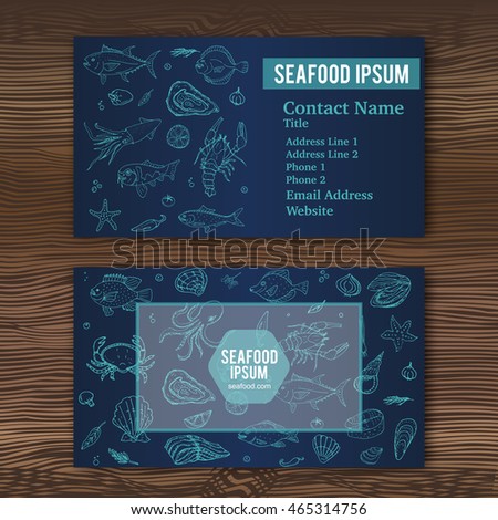 Business card template with hand drawn doodle seafood icons for restaurant. Vector illustration. Cartoon fresh sea food symbols: fish, crab, lobster, oyster, shrimp, shellfish on wood background.