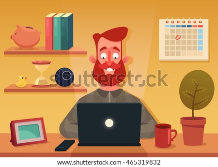 Funny Cartoon Character. Bearded Man Sitting in the Room and Working with Laptop. Colorful Vector Illustration