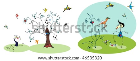 Girl and bird and tree in Miro style