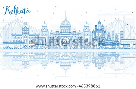 Outline Kolkata Skyline with Blue Landmarks and Reflections. Vector Illustration. Business Travel and Tourism Concept with Historic Buildings. Image for Presentation Banner Placard and Web Site. Royalty-Free Stock Photo #465398861
