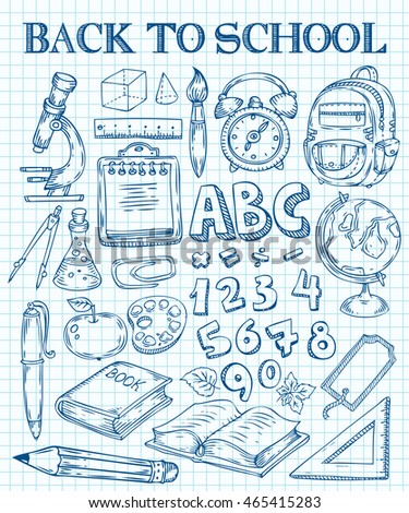 Back to School hand drawn doodle set. School stuff supplies for art, reading, writing, science, geography, biology, physics, mathematics, astronomy, chemistry. Vector isolated on white background