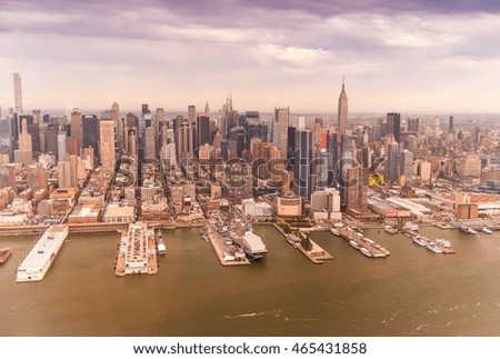 Beautiful sunset view of New York City. Aerial cityscape.