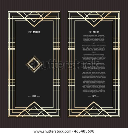 Vector geometric cards in Art Deco style. Light golden flyers. Premium vector frame in luxury style. Restaurant menu with logo. Black and gold tickets Royalty-Free Stock Photo #465483698