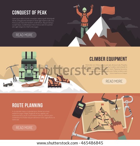 Color flat horizontal banner with title and text depicting conquest of peak climber equipment route planning vector illustartion