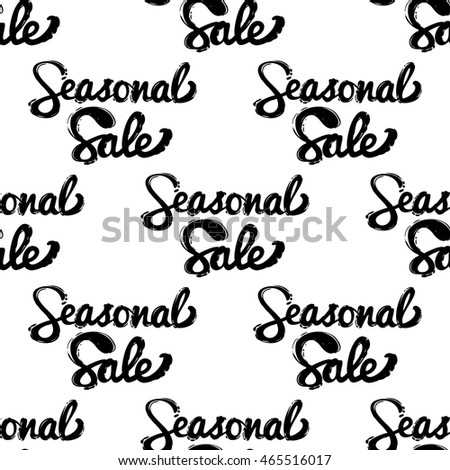 Vector seamless pattern with seasonal sale lettering. Background for decoration seasonal celebration, greeting card and banner. Hand drawn symbols on white backdrop.