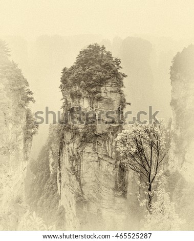 Alone rock column mountain (Avatar rocks). Zhangjiajie National Forest Park was officially recognized as a UNESCO World Heritage Site - China (stylized retro)