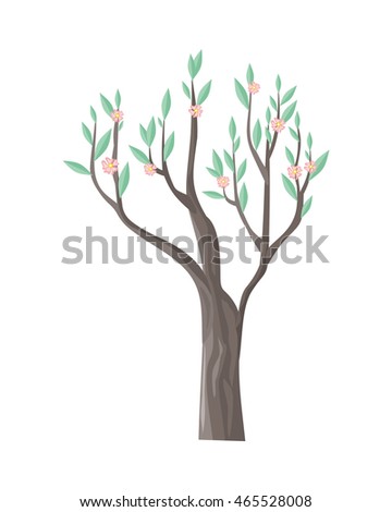 Vector tree in blossom. Green stylish plant isolated on white with beautiful flowers. Cartoon style tree. Editable element for your design. Part of series of different trees. Vector illustration.