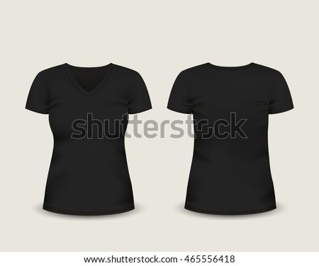 Women's black t-shirt with short sleeve and V-neck in front and back views. Vector template. Fully editable handmade mesh.