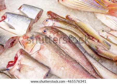 whole fresh fishes are offered in the fish market in asia