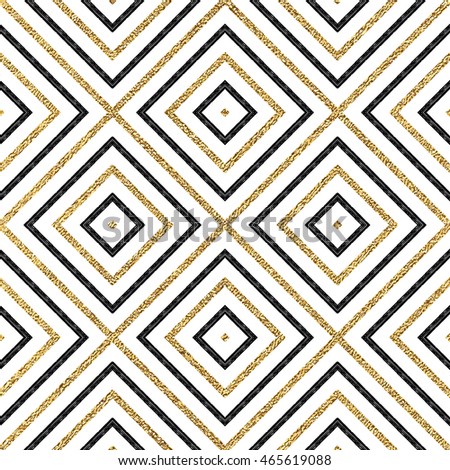 Geometric seamless pattern of gold and black diagonal lines or strokes, abstract background of golden shiny and black rhombus, square, vector for paper, card, invitation, wrapping, textile, web design