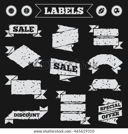 Stickers, tags and banners with grunge. Sport balls icons. Volleyball, Basketball, Soccer and American football signs. Team sport games. Sale or discount labels. Vector