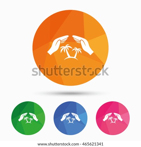Travel insurance sign icon. Hands protect cover palm tree symbol. Trip vacation insurance. Triangular low poly button with flat icon. Vector