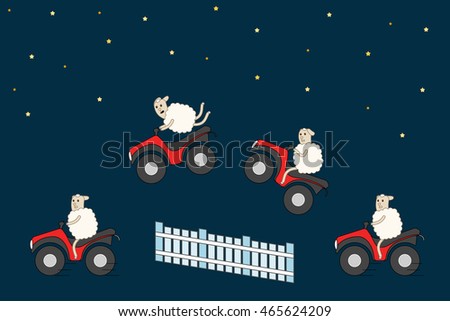 Illustration of counting sheeps that jumping at quads over the fence