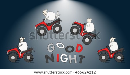 Illustration of counting sheeps that jumping at quads over the fence. Poster with phrase "Good night"