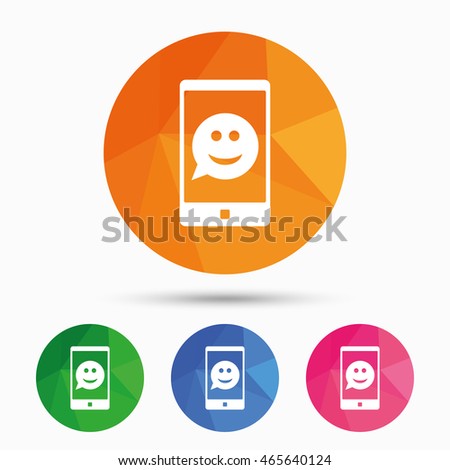 Selfie smile face sign icon. Self photo symbol. Smiley speech bubble. Triangular low poly button with flat icon. Vector