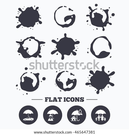 Paint, coffee or milk splash blots. Family, Real estate or Home insurance icons. Life insurance and umbrella symbols. Car protection sign. Smudges splashes drops. Vector