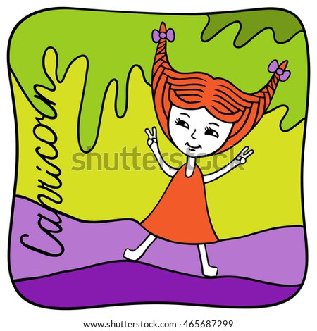 Zodiac signs Capricorn. Vector illustration of the girl drawn by hand in cartoon style.