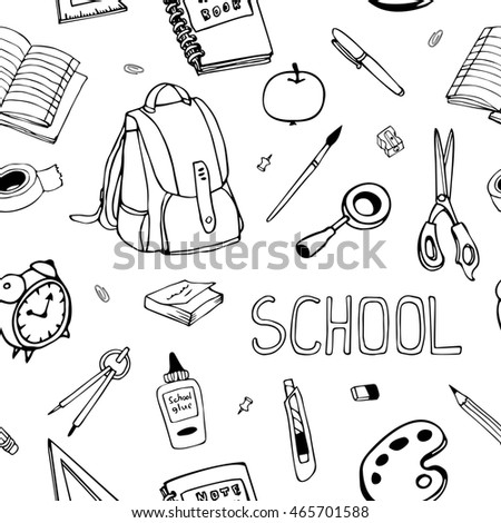 Vector hand drawn back to school seamless pattern. School equipment doodles.