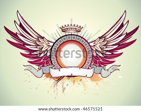 Vector illustration of heraldic frame or badge with crown, wings and banner. Blank so you can add your own images.