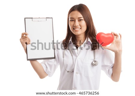 Young Asian female doctor with red heart and blank clipboard  isolated on white background.