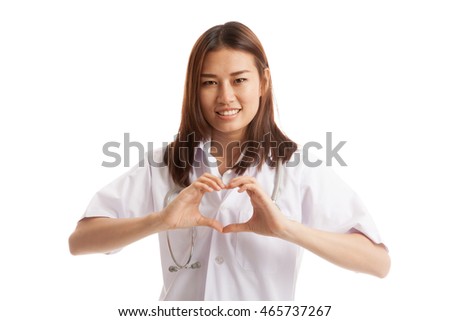 Portrait of Asian female doctor show heart hand sign  isolated on white background.