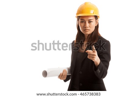 Asian engineer woman pointing with blueprints  isolated on white background.