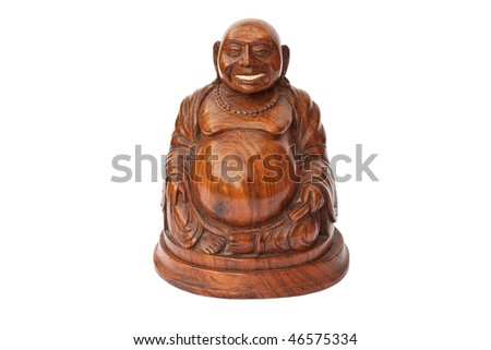 smiling Buddha wooden statuette isolated on white background